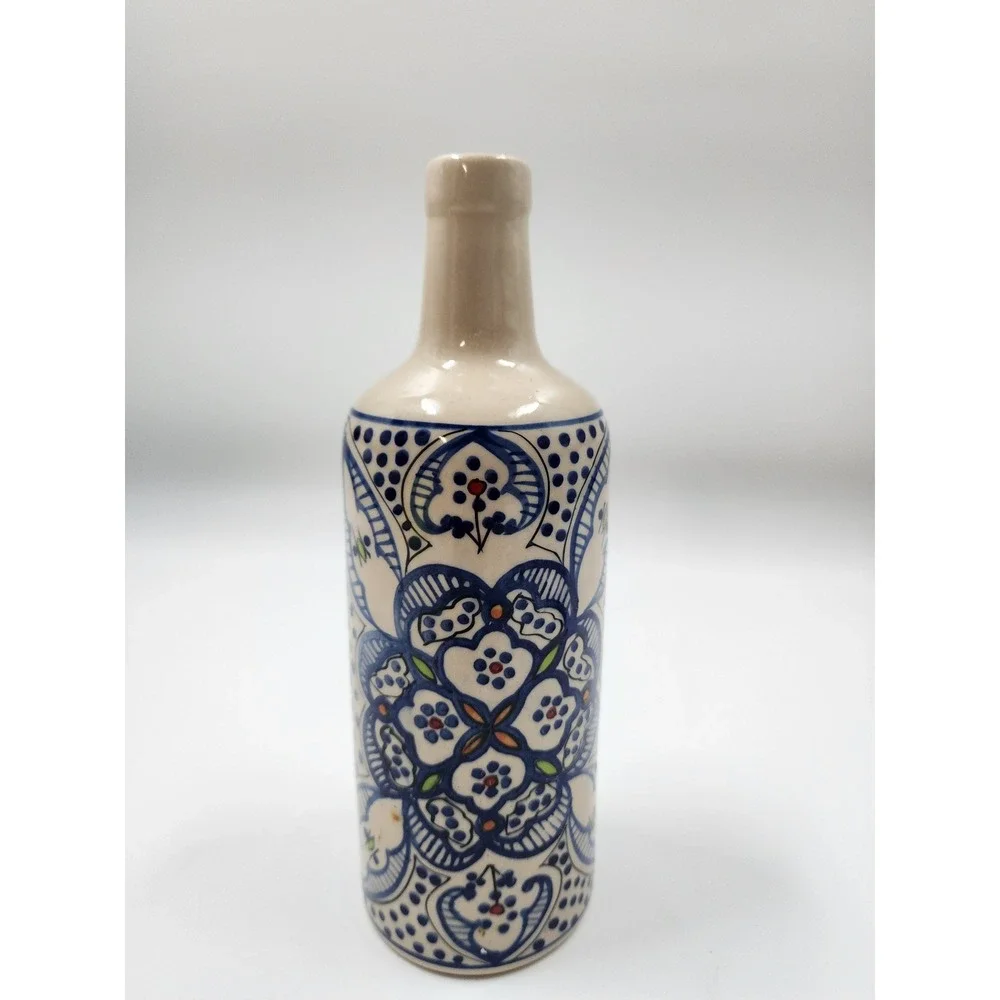 Vintage Safi Moroccan Hand Painted Ceramic BottleVase Blue Floral Pottery 8.25in